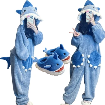 Cartoon niedlichen Hai Frauen Kapuze Nachtwäsche Kigurumi Einhorn Winter Cosplay Pyjama Overall weibliche