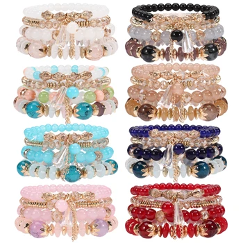Böhmische stapelbare Perlenarmbänder für Frauen, mehrschichtiges Armband, Anhänger, Charm-Stretch-Armreifen