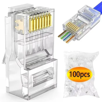 RJ45-Stecker CAT6 Pass Through-Steckverbinder Crystal End vergoldet 8P8C Crimp UTP Standard (100 Stück)