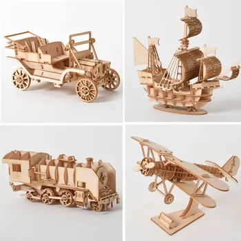 Diy 3D Holzpuzzle für Montage Puzzle Laserschneiden Segelschiff Doppeldecker Dampflokomotive Zugspielzeug DIY