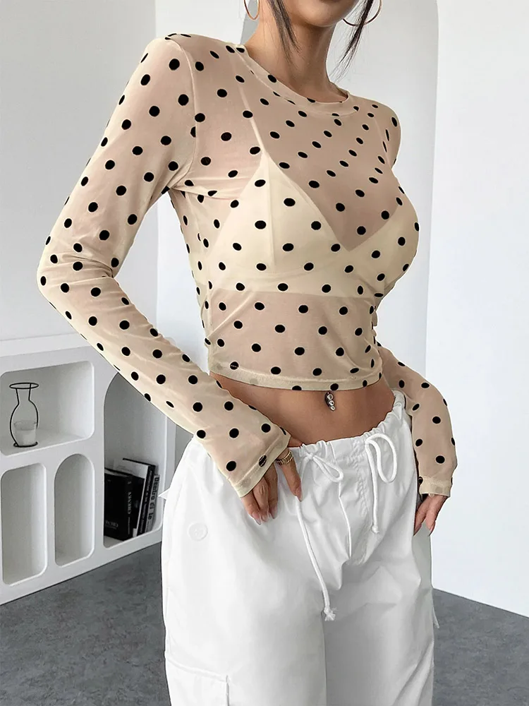 Damen Polka Dots Langarm Mesh Tops Sexy Durchsichtige – Bild 3