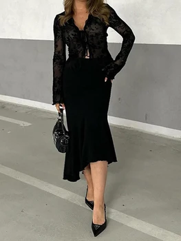 Damen Slim Fit Chiffon Rüschen Trompetenärmel Hemd Herbst Modisches Elegantes Top für Business Casual Wear
