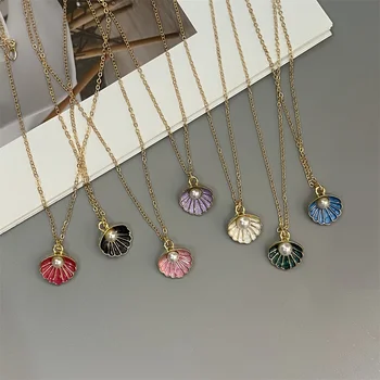 Bunte Shell Anhänger Halskette Imitation Perle Mode Frauen Hals Schmuck Goldene Farbe Link Kette Schmuck