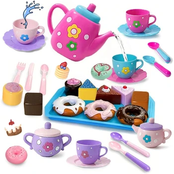 Teeservice für Mädchen, Teeparty-Set, Teeservice für Kinder, einschließlich Wasserkocher, Kekse, Essen
