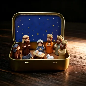 Mini-Weihnachtskrippen-Set in Eisenbox, Krippenszene im Taschenformat mit Figuren von Maria, Jesus, Hirte