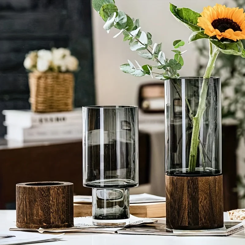 Elegante Glasvase mit Holzsockel für Hydrokulturpflanzen – Bild 6