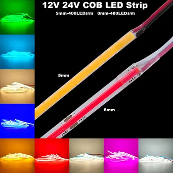 12V 24V COB LED Streifen 5mm/8mm PCB 400/480LEDs/m Flexible Rot/Grün/Blau/Rosa/Eisblau/Gelb Led Streifen
