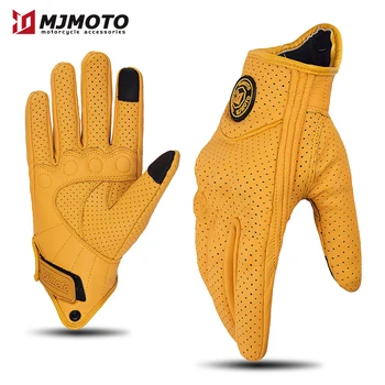 Retro gelbe Leder Motorrad handschuhe Männer Frauen atmungsaktive perforierte Motorrad Renn handschuhe