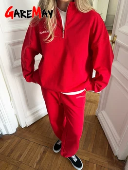 Frühlings-Trainingsanzug für Damen in Rot mit Reißverschluss, Baumwolle, Oversize, Klassisches Zweiteiler-Set