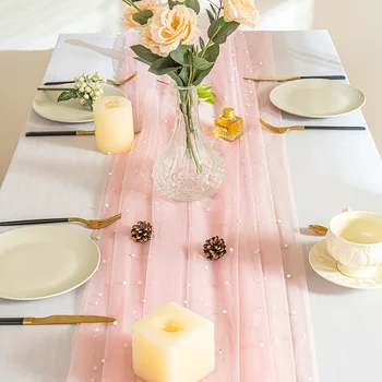 Rosa Gaze Tischläufer Romantische Perle Mesh Tischdecke Hochzeit Esstisch Abdeckung Dekoration Geburtstag Baby