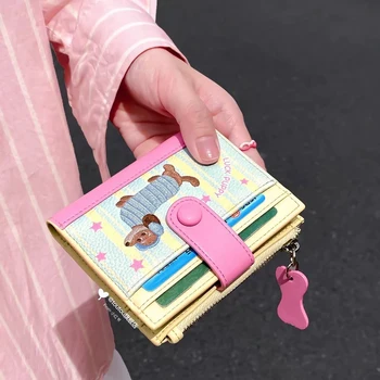 Frauen Nette Cartoon Stickerei Wurst Hund Brieftasche Reißverschluss Geldbörse Doppel Falten Kartenhalter