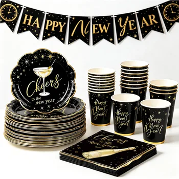 Frohes Neues Jahr 2027 Party-Tischgeschirr Schwarz-Gold Einweg-Pappteller Becher Servietten Banner Cheers