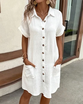 Vintage Frauen Solide Mini Kleid Sommer Mode V-ausschnitt Drei Viertel Hülse Baumwolle Leinen Kleid Damen
