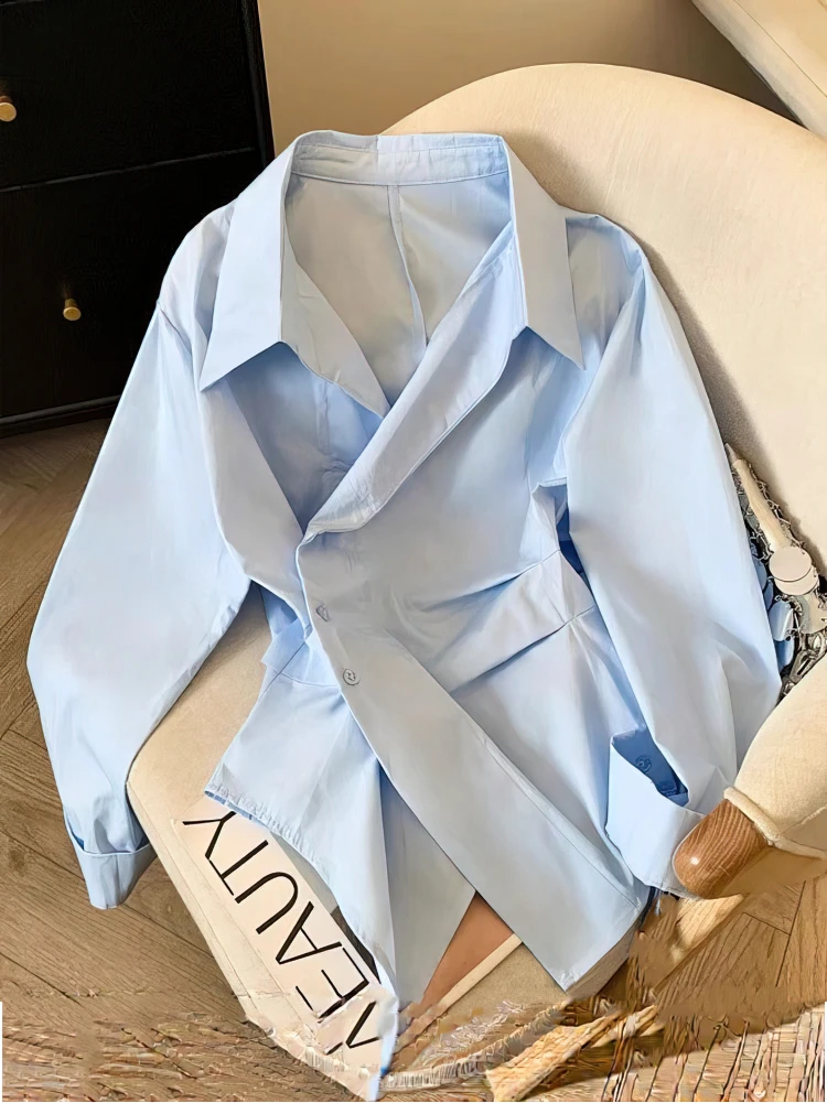 Designer Unregelmäßige Langarm Poloshirt Frauen Tunika Weiß