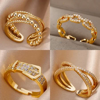 Edelstahl Gürtel Ringe Für Frauen Zirkon Verstellbaren Gürtel Finger Ring Femme Geometrische Hochzeit