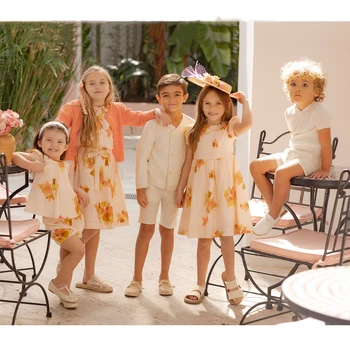 AP Spanish Sunset Collection SS26 Mädchenkleid mit Puffärmeln, bestickter Pullover, Jungen-Blazer