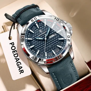 POEDAGAR Männer Uhr Luxus Wasserdicht Leucht Datum Woche Uhr Für Mann Quarz Leder Mode herren Uhren Reloj