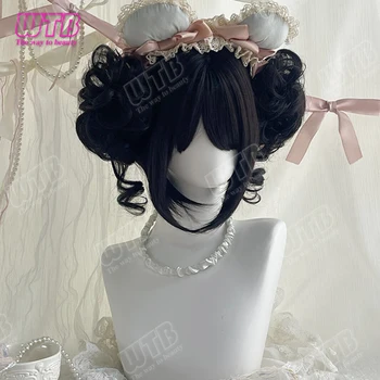 Synthetische Lolita-Perücke mit doppelten Locken und Dutt, inklusive Seitenbärten und geradem Pony, geeignet