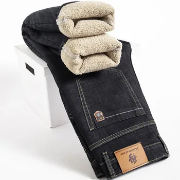 Winter-Lamm-Fluff-Denim-gerade Hosen für Männer, verdickt, große Größe 40, Jeans, hohe Taille, Stretch-Jeans