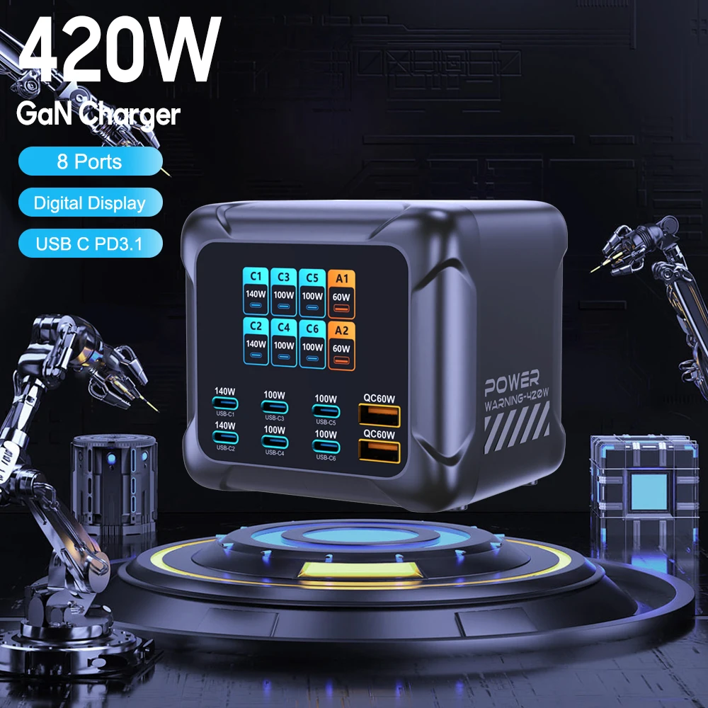 GaN Ladestation 420 W, PD 3.1 140 W, PPS, mit Digitalanzeige