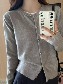 Einfarbig Gestrickte für Frauen Strickjacke Koreanische Einreiher Langarm Jumper Frau Rundhals Alle Spiel