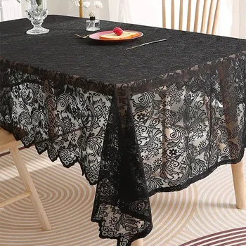 Schwarze französische Spitzentischdecke mit Phönix-Schwanzmuster für Wohnzimmer- und Esstischdekoration