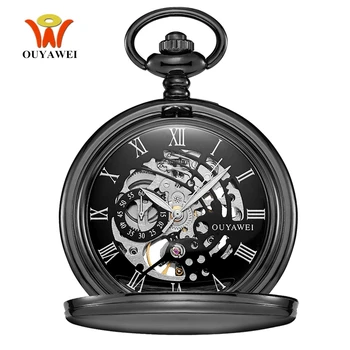 Mechanische Taschenuhr für Herren, Vintage-Stil, schwarzes Skelett, Handaufzug, mechanische Taschenuhren