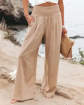Damen-Freizeithose mit Kordelzug, mittlere Taille, Strandhose mit weitem Bein, Frühling und Sommer