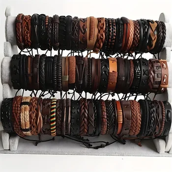 Geflochtene Lederarmbänder für Männer und Frauen, Wickelholzperlen, Manschettenarmband (20 Stück)