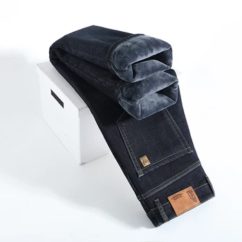 Winter Warme Fleece Jeans männer Dicke Thermische Beiläufige Gerade Denim Hosen Männliche Business Arbeit