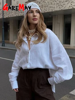 Weißes Damen-Leinenhemd, langärmelig, elegante rosa Oversize-Bluse, Vintage-Frühlings-Basic-Hemd aus