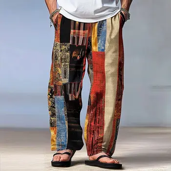Herren-Hose mit Farbblock-Patchwork, mittlere Taille, Kordelzug, elastische Taille, hawaiianische, lässige