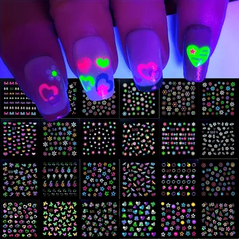 30 Blatt 3D im Dunkeln leuchtende Neon-Nagelaufkleber - glitzernde, glänzende, selbstklebende