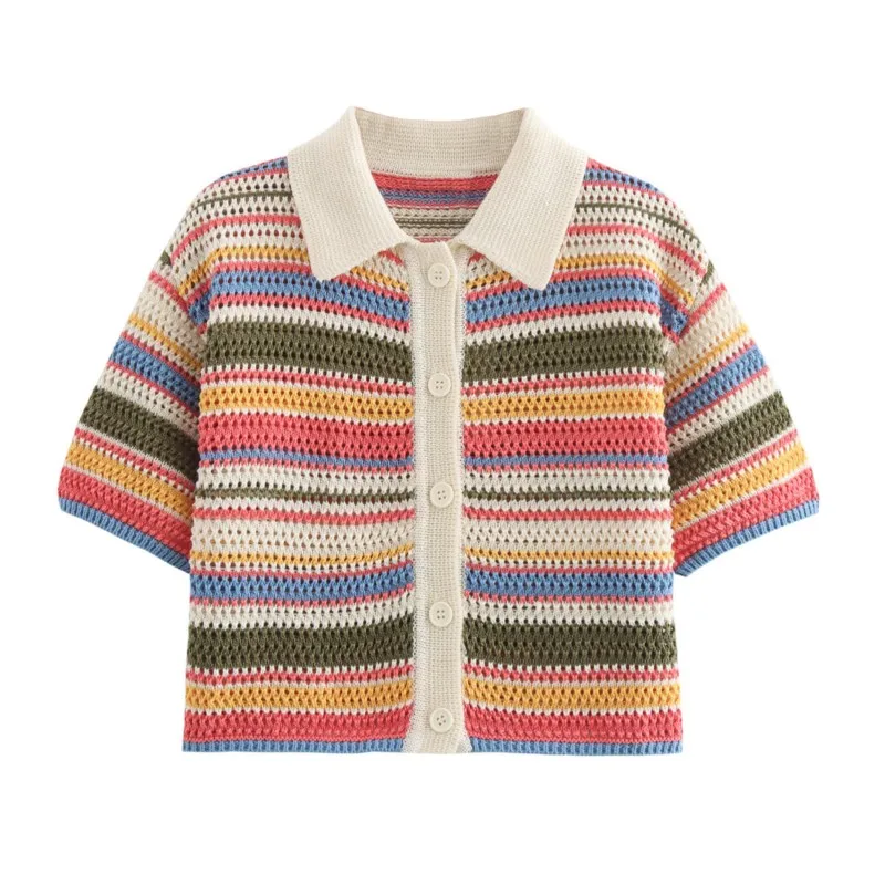 Frauen Patchwork Gestreiften Aushöhlen Häkeln Gestrickte Crop – Bild 5