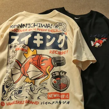 Japanisches Streetwear-T-Shirt für Männer, Koi-Fisch, Sojasauce-Druck, lässig, Damen, kurzärmelig, Sommer