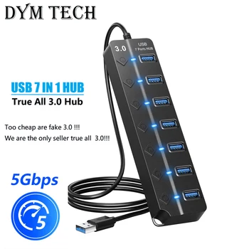 USB Hub 3.0 Multiprise USB High Speed Splitter 7 Port 5 Gbit/s Hub Netzteil mit Schalter Langes Kabel