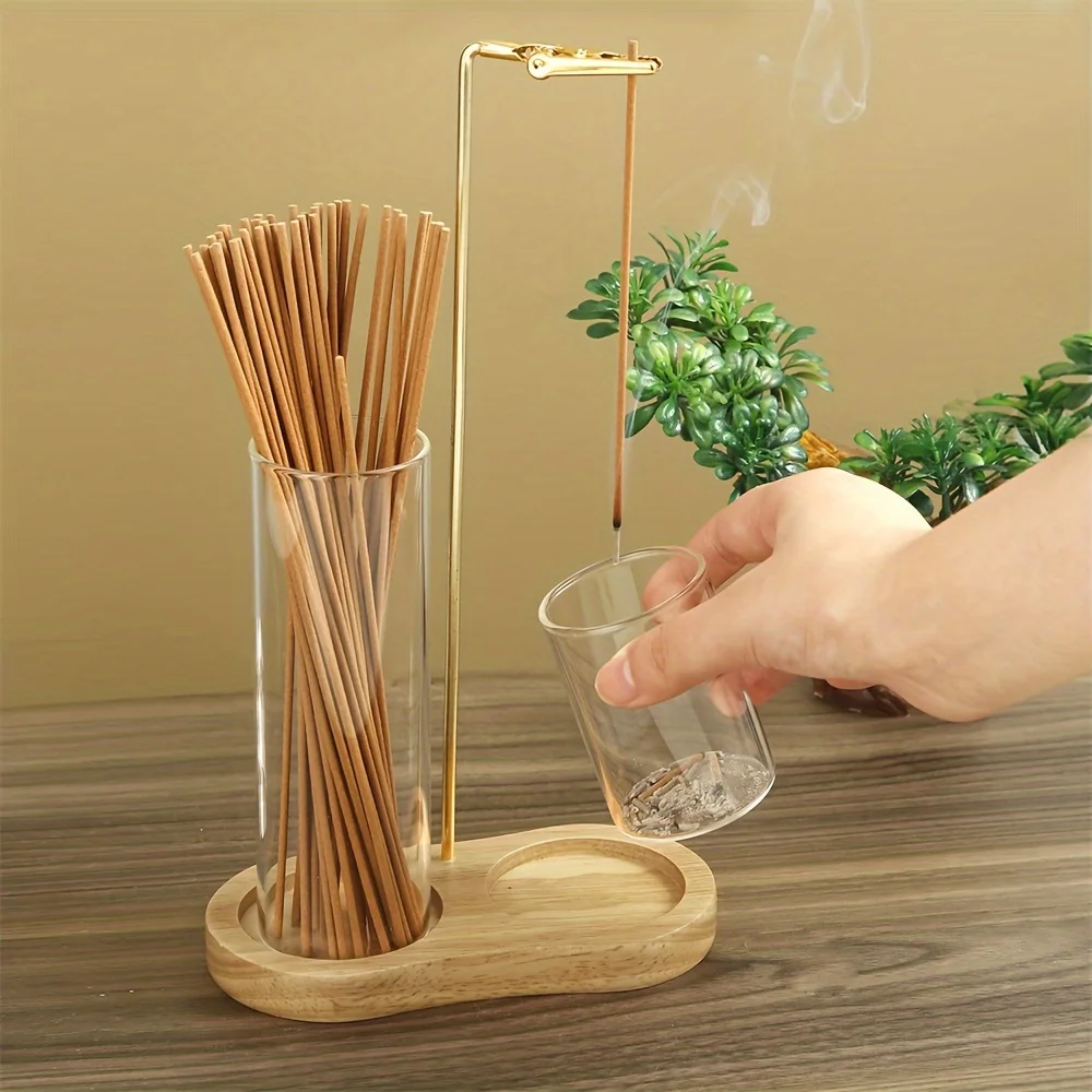 Räucherstäbchenhalter mit Ständer, Glashalter, Holztablett