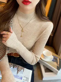 Herbst Winter Mock Neck Frauen Pullover Vintage Grundlegende Solide Strick Koreanische Tops Beiläufige Dünne