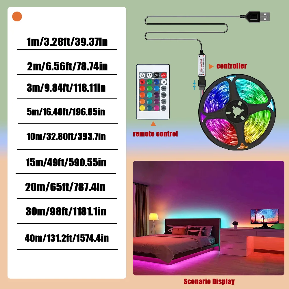 RGB 5050 LED-Streifen mit 24-Tasten-Controller, 1m~40m – Bild 2