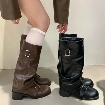 Frau Stiefel Kniehohe Plattform Chunky Heels Trend Punk Gothic New Rock Leder Mode frauen Schuhe Motorrad