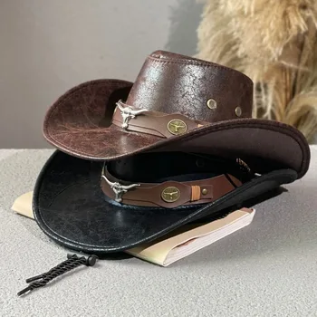Western-Cowboyhüte aus Kunstleder für Damen und Herren, Vintage-Gentleman-Hüte, Panama-Cowgirl-Jazzmütze
