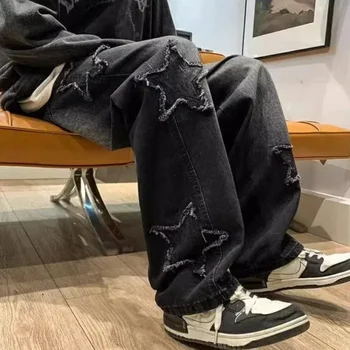 Mode Sterne Handtuch Stickerei Braun Männer Jeans Hosen Y2K Kleidung Gerade Hip Hop Baumwolle Hosen Pantalon