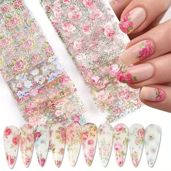 Mixed Nail art Folien Transfer Aufkleber Set Rose Blume Designs Floral Starry Sky Nail Wraps (10 Stück)