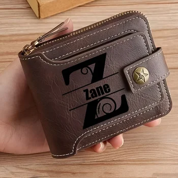 Personalisierte kurze Geldbörse aus PU-Leder mit Kette für Herren, gravierter Name und Text, zweifach faltbar