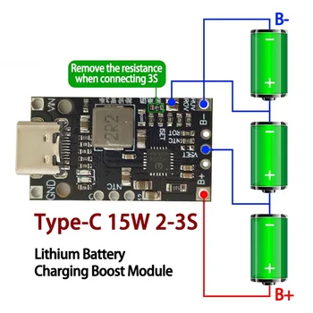 Typ-C USB 2-3s BMS 15W 8,4 V 12,6 V 1,5 A Lithium-Batterie-Lade-Boost-Modul mit symmetrischer Unterstützung