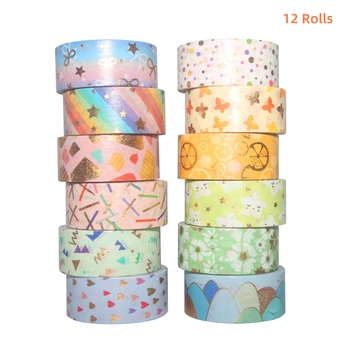 12 Rollen Washi-Tape-Set, niedliches Muster, Goldfolie, Abdeckband, 15 mm breit, selbstklebendes dekoratives