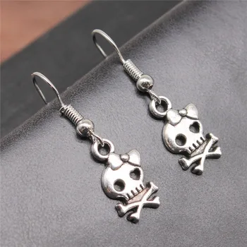 Mode Handgemachte Einfache Design Antike Silber Farbe Bogen Schädel Anhänger Ohrringe Frauen Vintage Tropfen