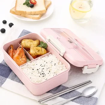 Mikrowellen-Lunchbox für Kinder, tragbar, für Schule, Büro, Bento-Box mit Geschirr, Löffel, Stäbchen