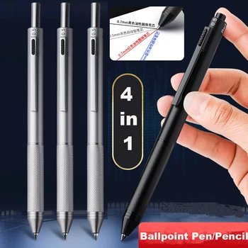 4-in-1-Kugelschreiber aus mehrfarbigem Metall, 3 Farben, Kugelschreiber, 1, Druckbleistift für Schule, Büro