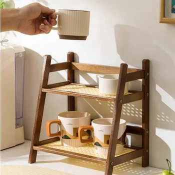 Arbeitsplatten-Organizer, 2-lagiger Kaffeetassenhalter, Mehrzweck-Aufbewahrungsregal aus Bambus für Hotel